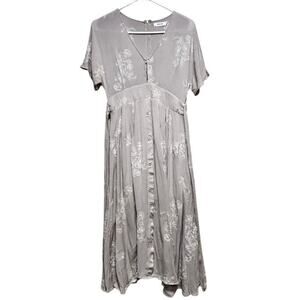 Mod Ref Taupe Embroidered Floral Dress Size S Button Front Boho Wedding Guest